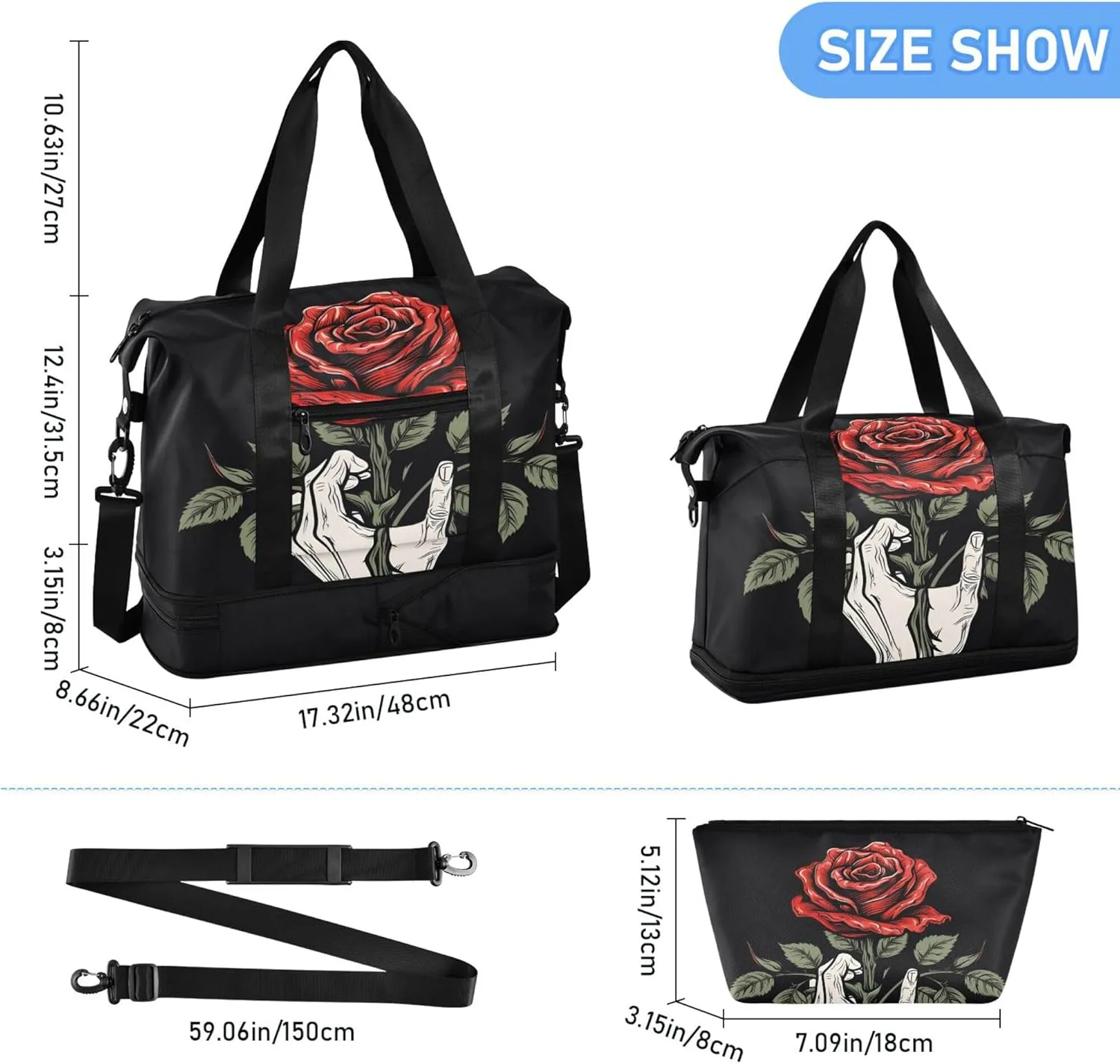 MNSRUU Unisex-Adults Travel Duffel Tote Bag Gothic Skull Rose Sports Gym Weekender Overnight Carry On Hospital Bag, 17.32 x 8.66 x 15.55 inches (expanded), Skull I 4148