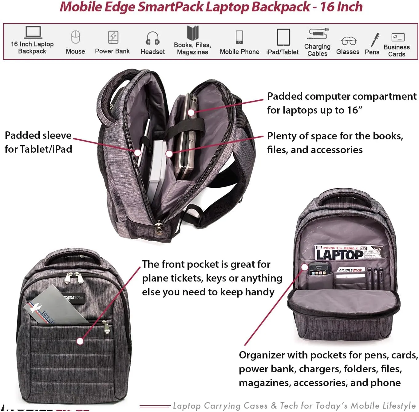Mobile Edge SmartPack Laptop Backpack for Men and Women, Compatible with Mac 16-17 Inch Laptops, Travel Computer Bag, Super Lightweight, Water-Resistant Exterior, Carbon