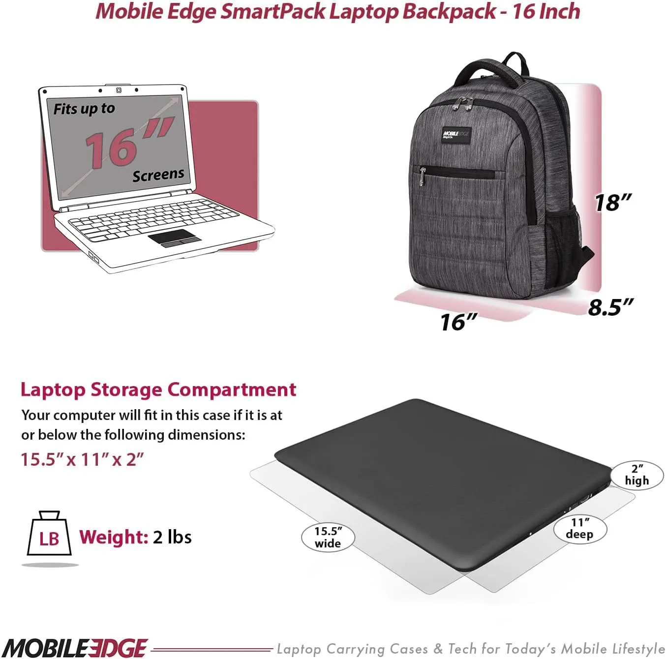 Mobile Edge SmartPack Laptop Backpack for Men and Women, Compatible with Mac 16-17 Inch Laptops, Travel Computer Bag, Super Lightweight, Water-Resistant Exterior, Carbon