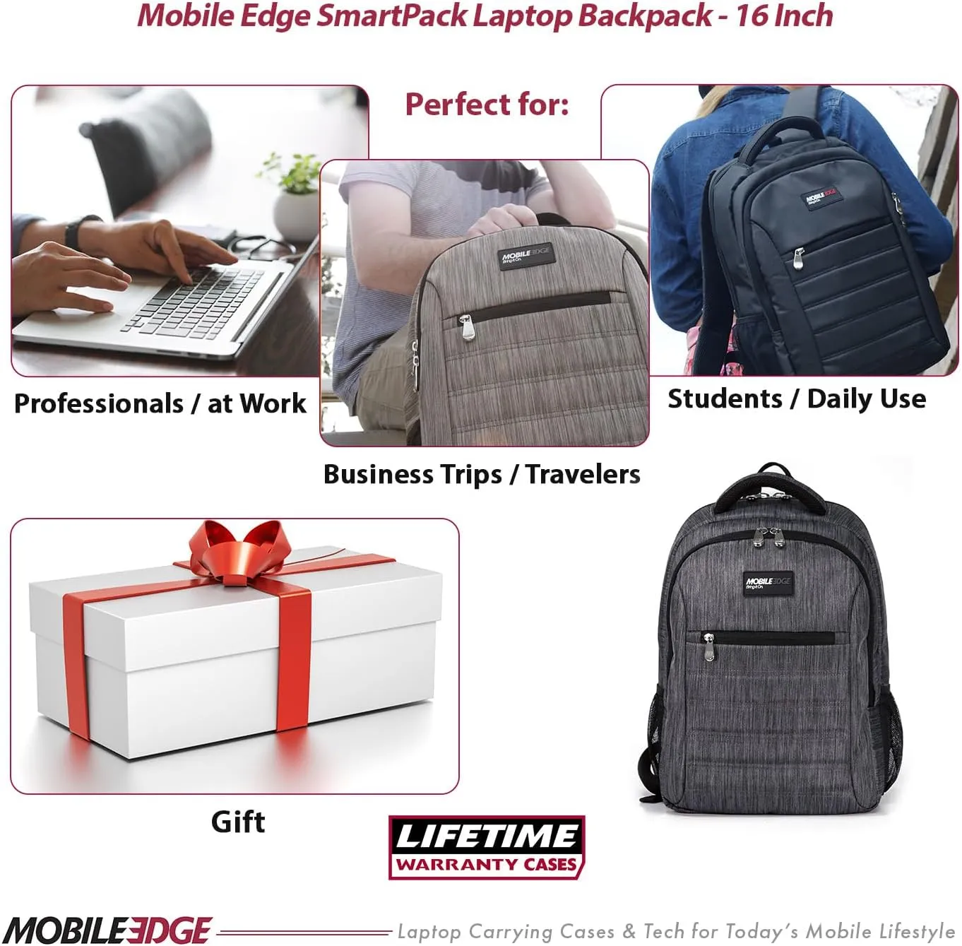 Mobile Edge SmartPack Laptop Backpack for Men and Women, Compatible with Mac 16-17 Inch Laptops, Travel Computer Bag, Super Lightweight, Water-Resistant Exterior, Carbon