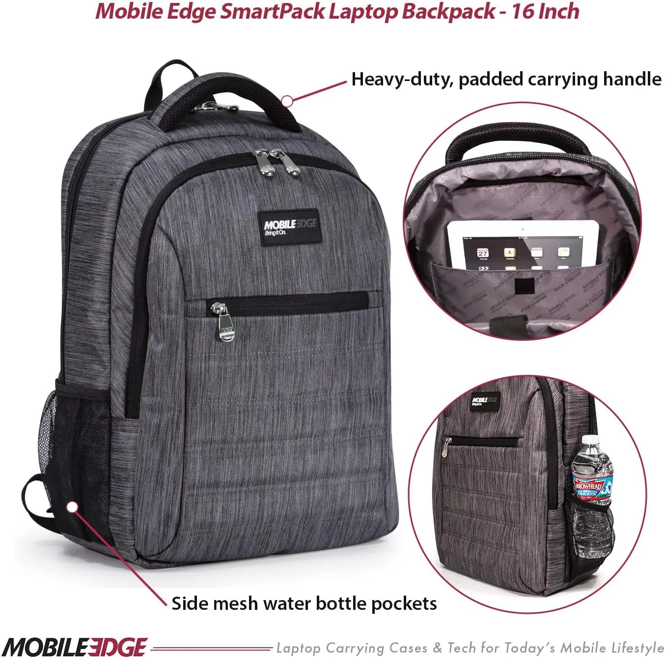 Mobile Edge SmartPack Laptop Backpack for Men and Women, Compatible with Mac 16-17 Inch Laptops, Travel Computer Bag, Super Lightweight, Water-Resistant Exterior, Carbon