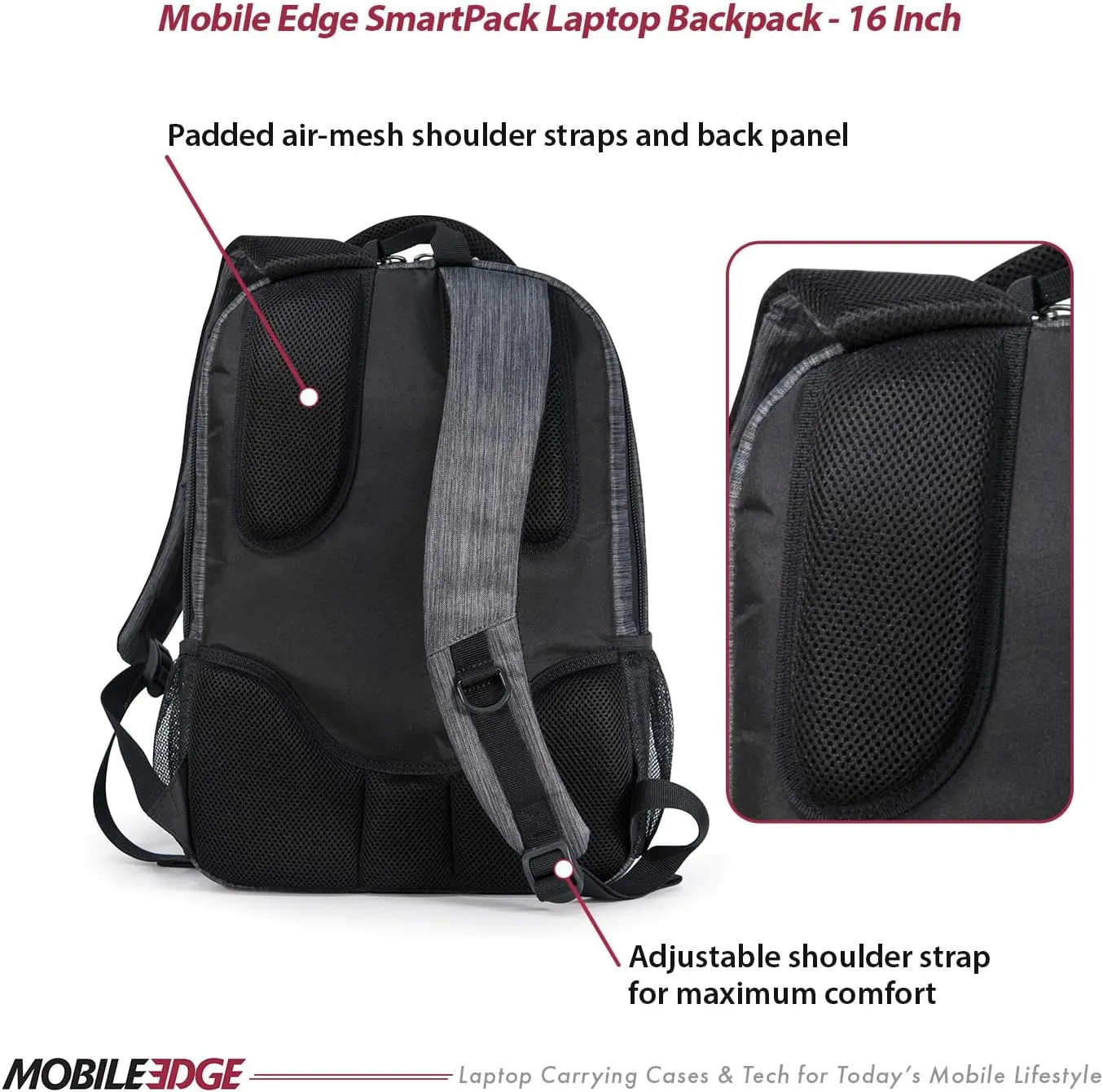 Mobile Edge SmartPack Laptop Backpack for Men and Women, Compatible with Mac 16-17 Inch Laptops, Travel Computer Bag, Super Lightweight, Water-Resistant Exterior, Carbon