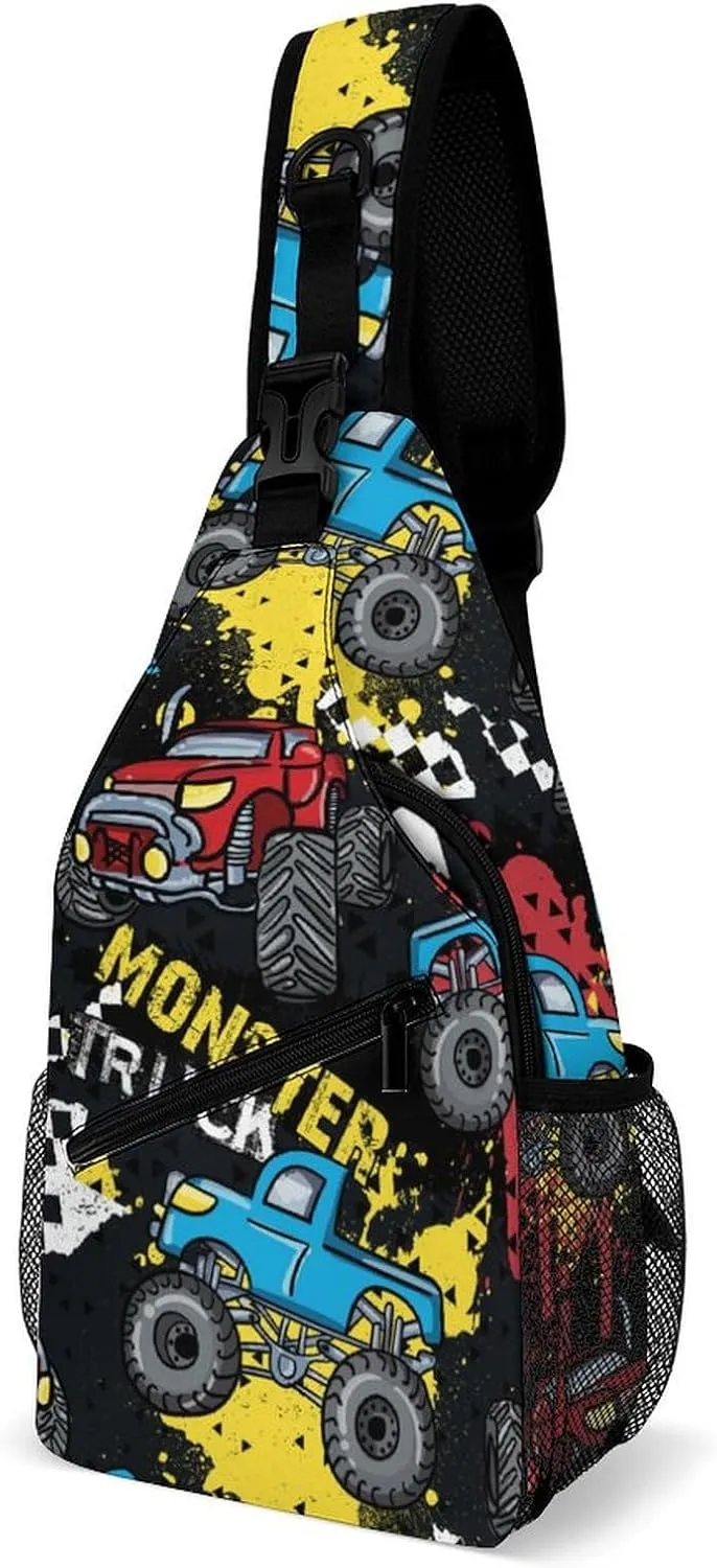 Monster Truck Cars Sling Backpack Men Womens Crossbody Backpack Chest Bag Cycling Daypack Travel Bag Casual Daypacks Leisure Backpacks