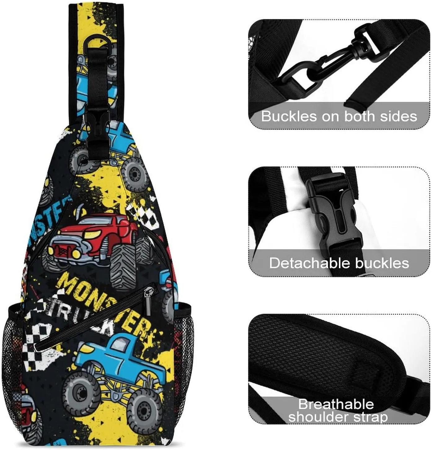 Monster Truck Cars Sling Backpack Men Womens Crossbody Backpack Chest Bag Cycling Daypack Travel Bag Casual Daypacks Leisure Backpacks