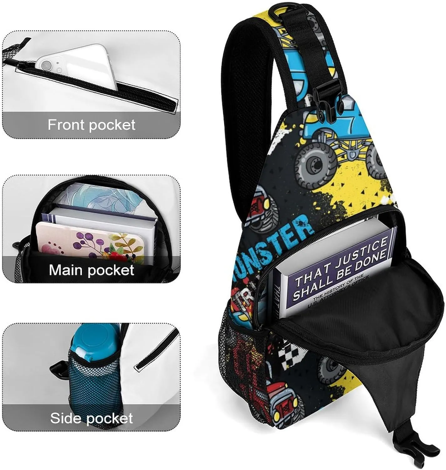 Monster Truck Cars Sling Backpack Men Womens Crossbody Backpack Chest Bag Cycling Daypack Travel Bag Casual Daypacks Leisure Backpacks