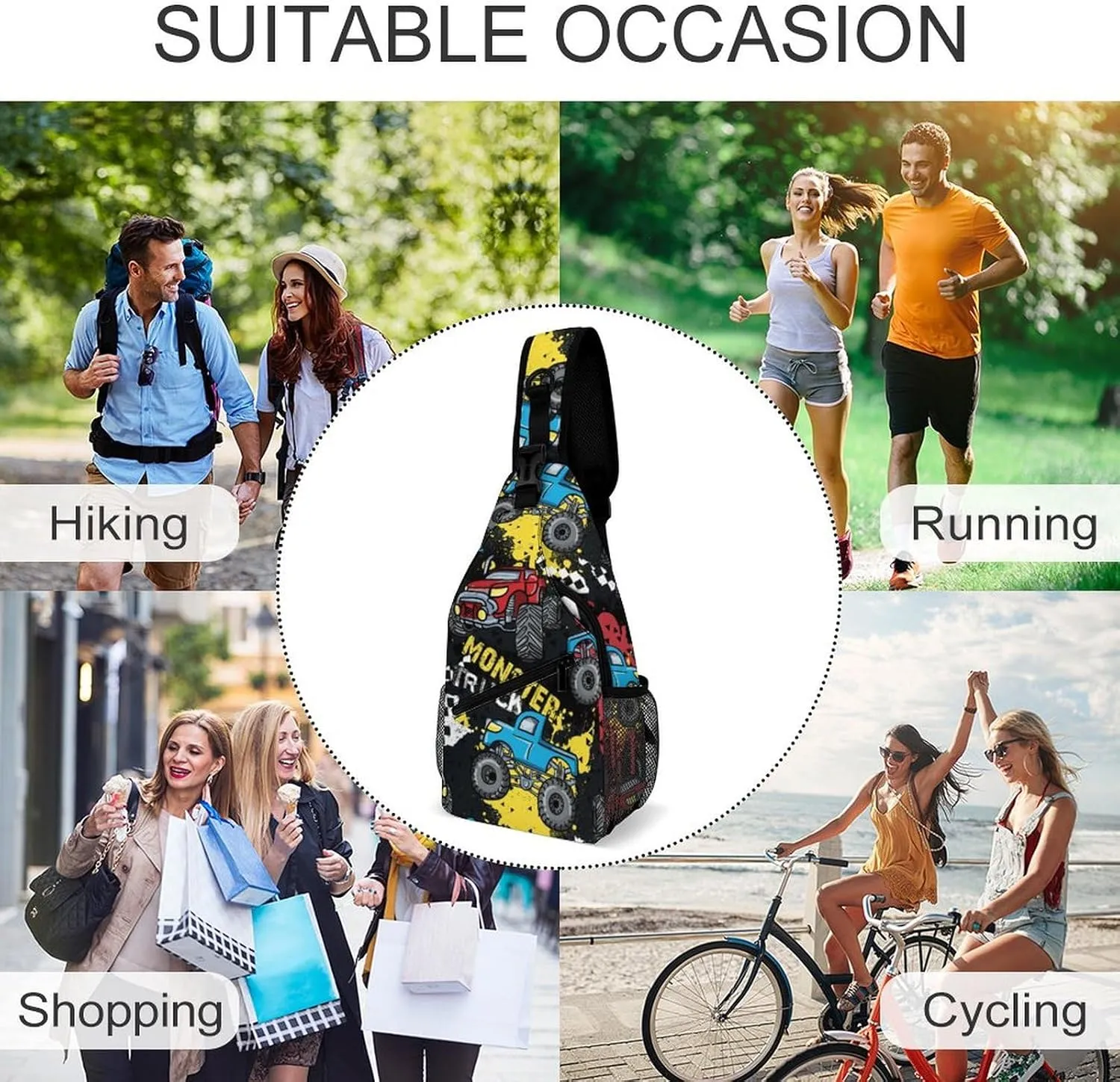 Monster Truck Cars Sling Backpack Men Womens Crossbody Backpack Chest Bag Cycling Daypack Travel Bag Casual Daypacks Leisure Backpacks