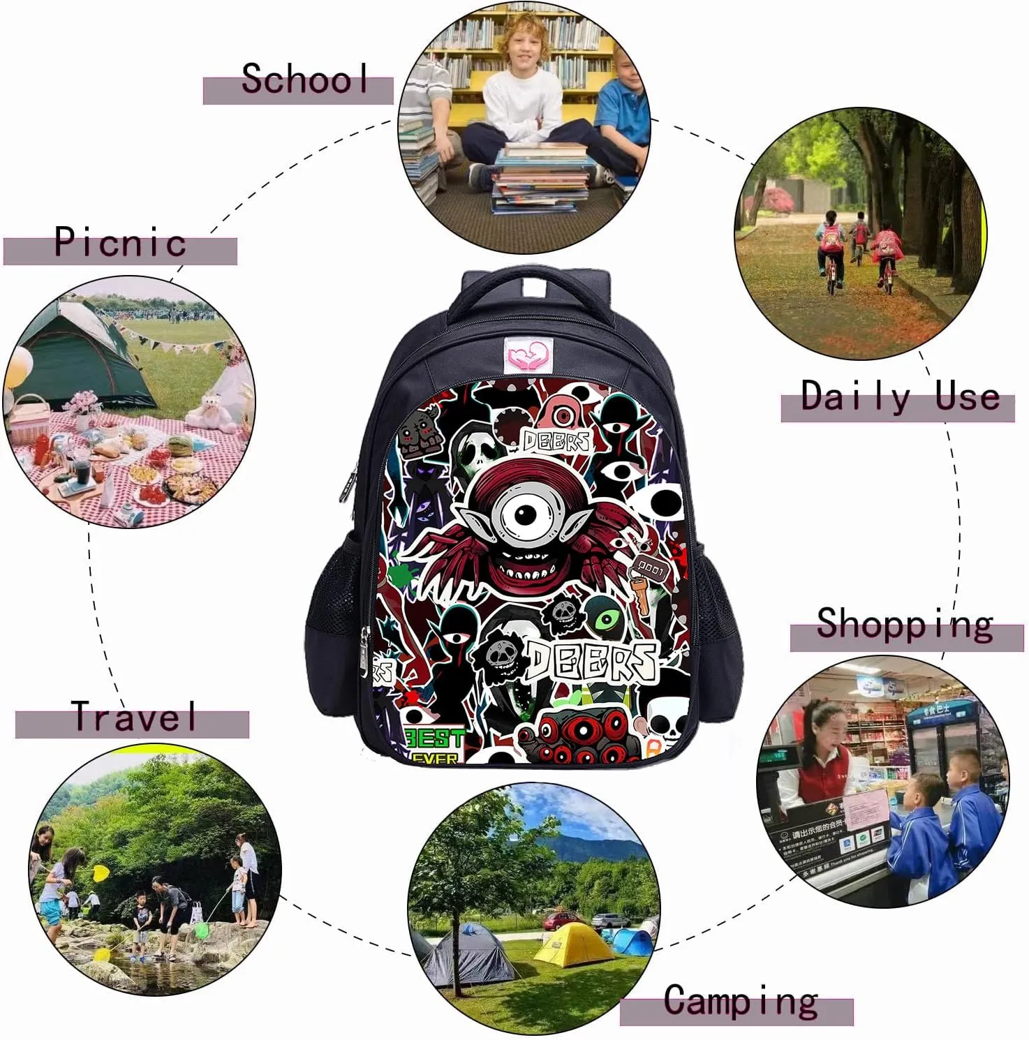 Monsters Music Horror Game Kids Backpacks Cartoon Anime School Bag Cute Large Capacity Travel Bag Student Bookbag