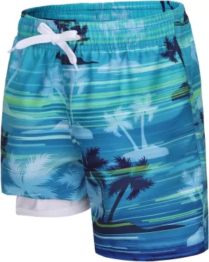 Moon Tree Boys Swim Trunks with Brief Liner for Boys Swim Shorts Quick Dry Boards Shorts Beach Swimwear