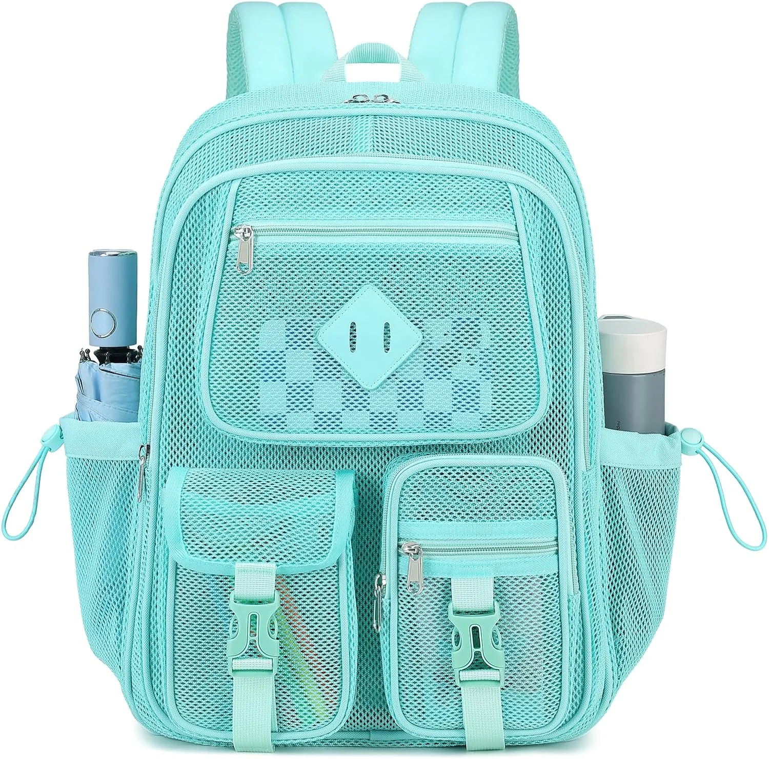 MOONBABY Mesh Backpack for School Heavy Duty See Through Net Bookbag Girls Boys Semi-Transparent Net Back Pack for Beach, Swimming, Sports, Work, Travel (Green)