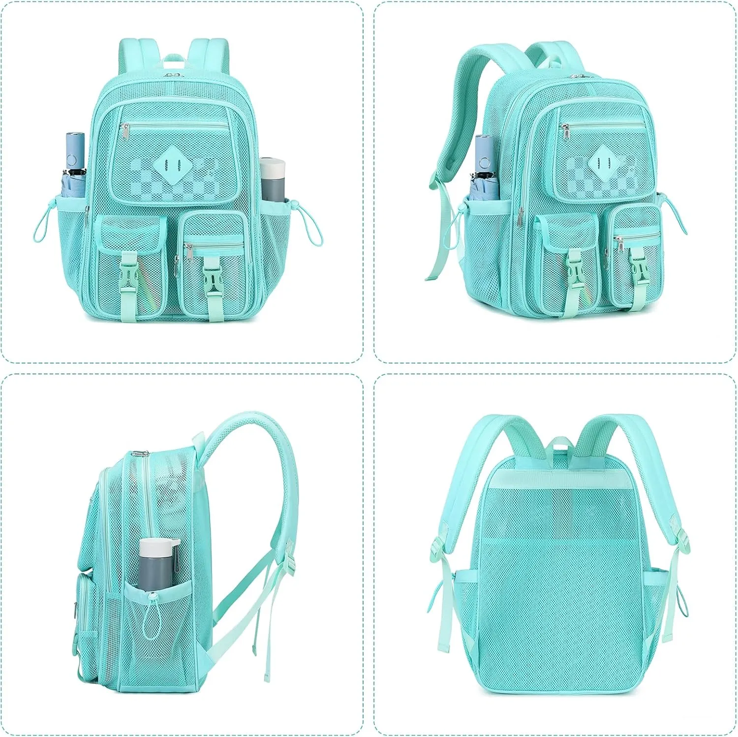 MOONBABY Mesh Backpack for School Heavy Duty See Through Net Bookbag Girls Boys Semi-Transparent Net Back Pack for Beach, Swimming, Sports, Work, Travel (Green)