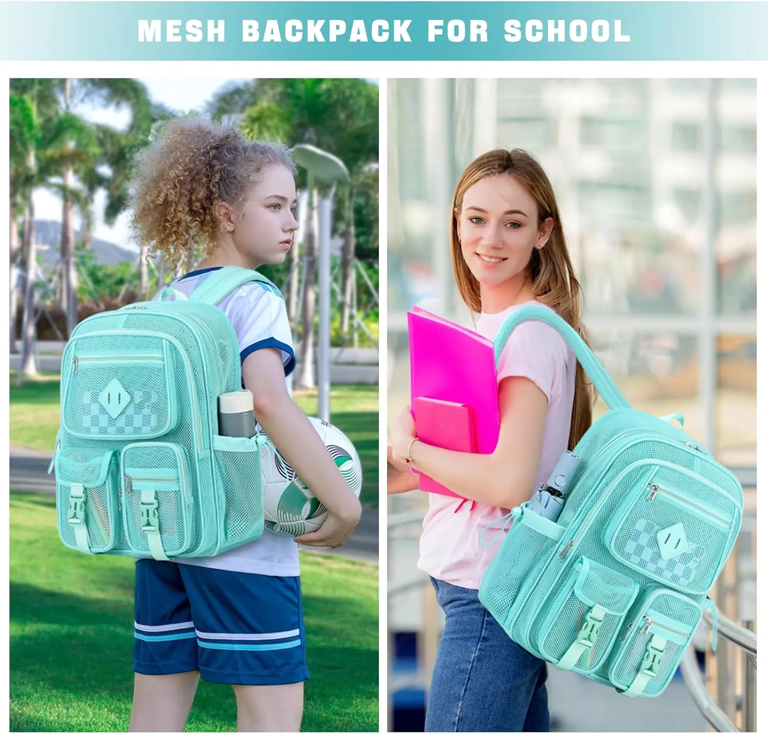 MOONBABY Mesh Backpack for School Heavy Duty See Through Net Bookbag Girls Boys Semi-Transparent Net Back Pack for Beach, Swimming, Sports, Work, Travel (Green)