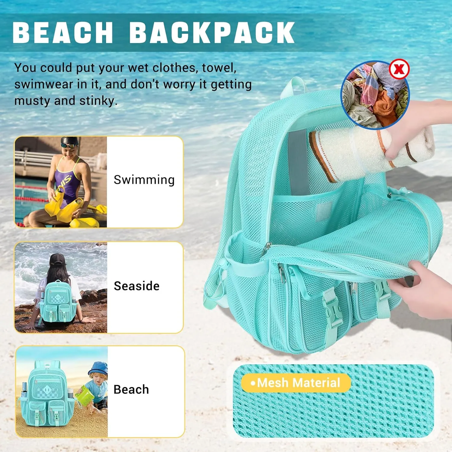 MOONBABY Mesh Backpack for School Heavy Duty See Through Net Bookbag Girls Boys Semi-Transparent Net Back Pack for Beach, Swimming, Sports, Work, Travel (Green)