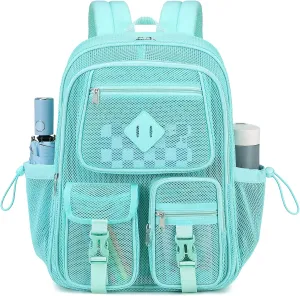 MOONBABY Mesh Backpack for School Heavy Duty See Through Net Bookbag Girls Boys Semi-Transparent Net Back Pack for Beach, Swimming, Sports, Work, Travel (Green)