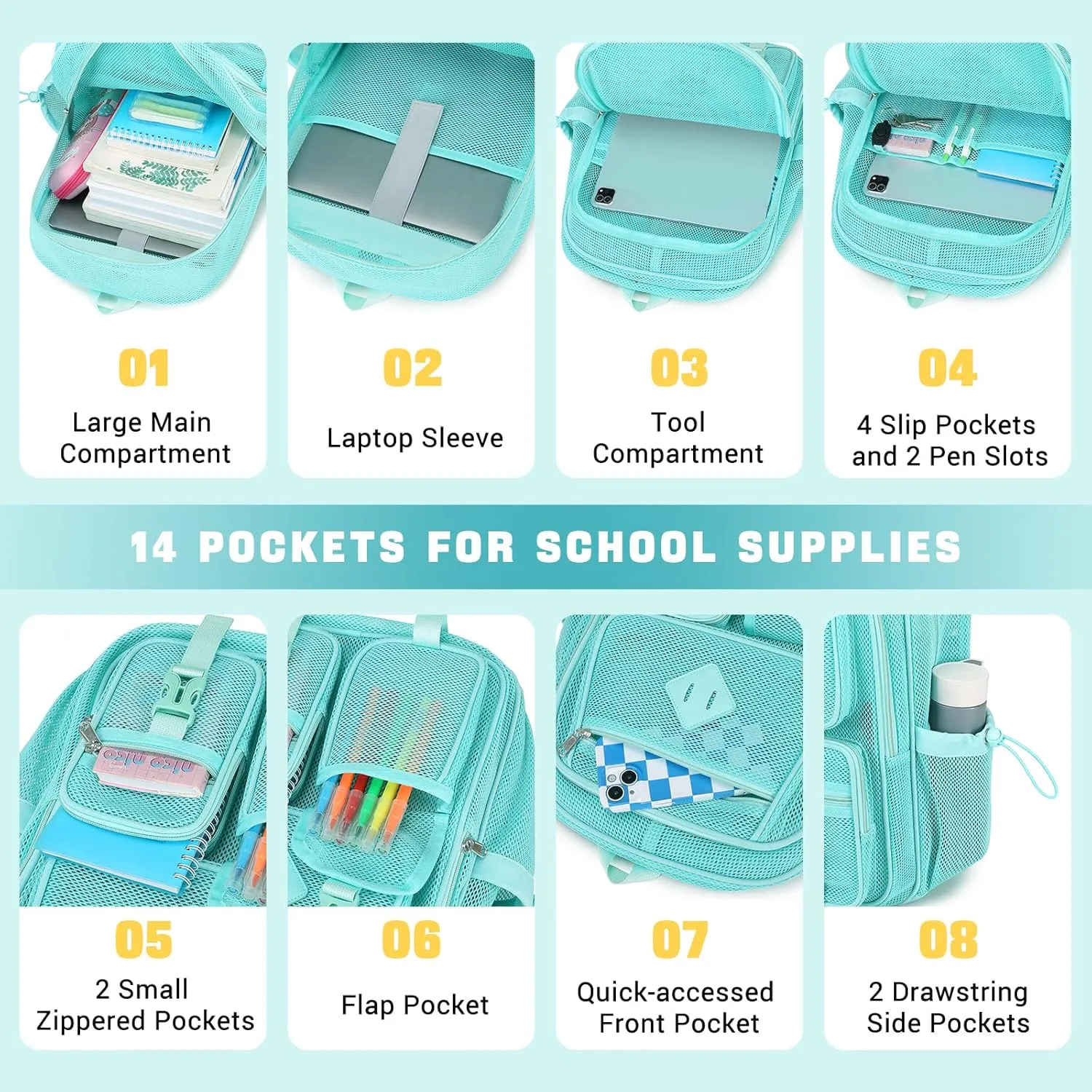 MOONBABY Mesh Backpack for School Heavy Duty See Through Net Bookbag Girls Boys Semi-Transparent Net Back Pack for Beach, Swimming, Sports, Work, Travel (Green)