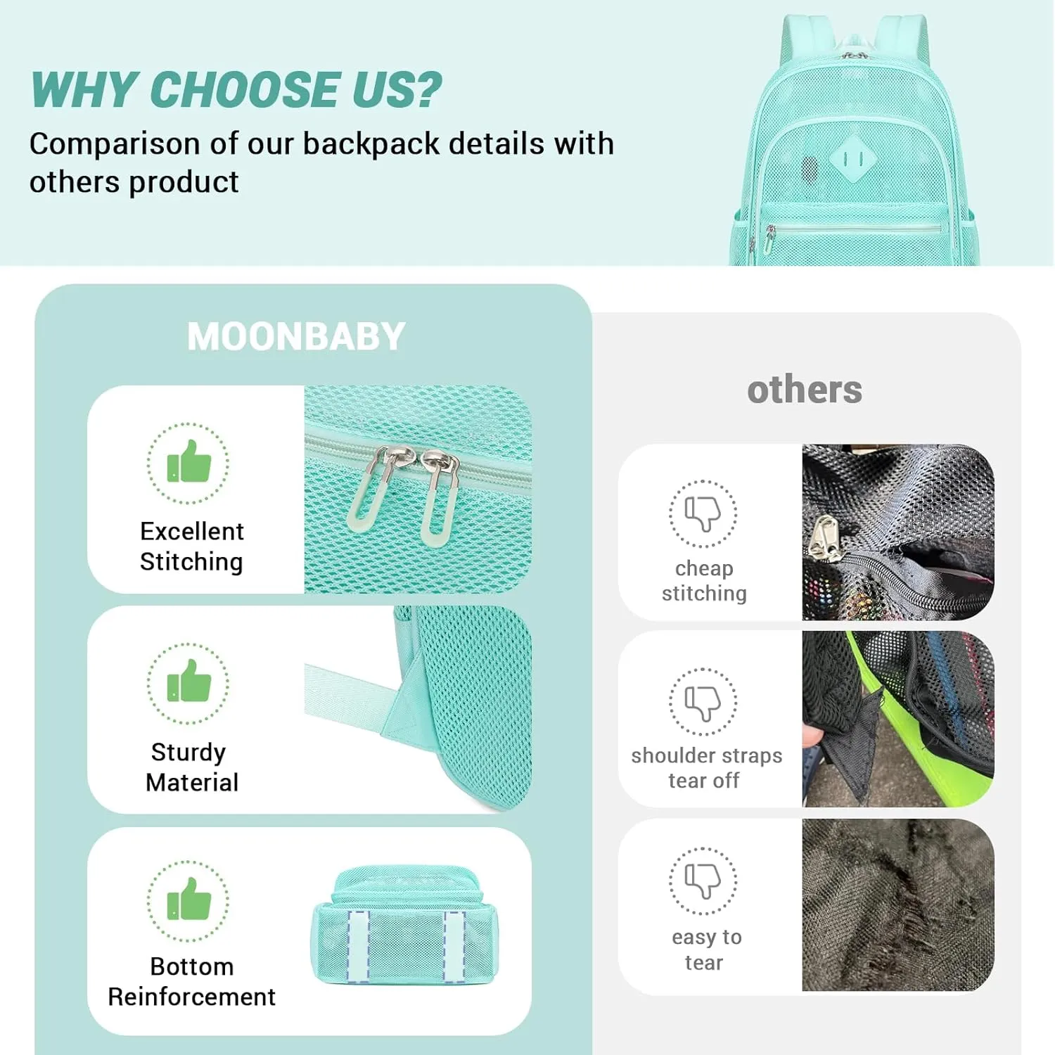 MOONBABY Mesh Backpack Heavy Duty See Through Backpack Transparent Bookbag for Swimming, Beach, Sports, Work, Travel (Green)