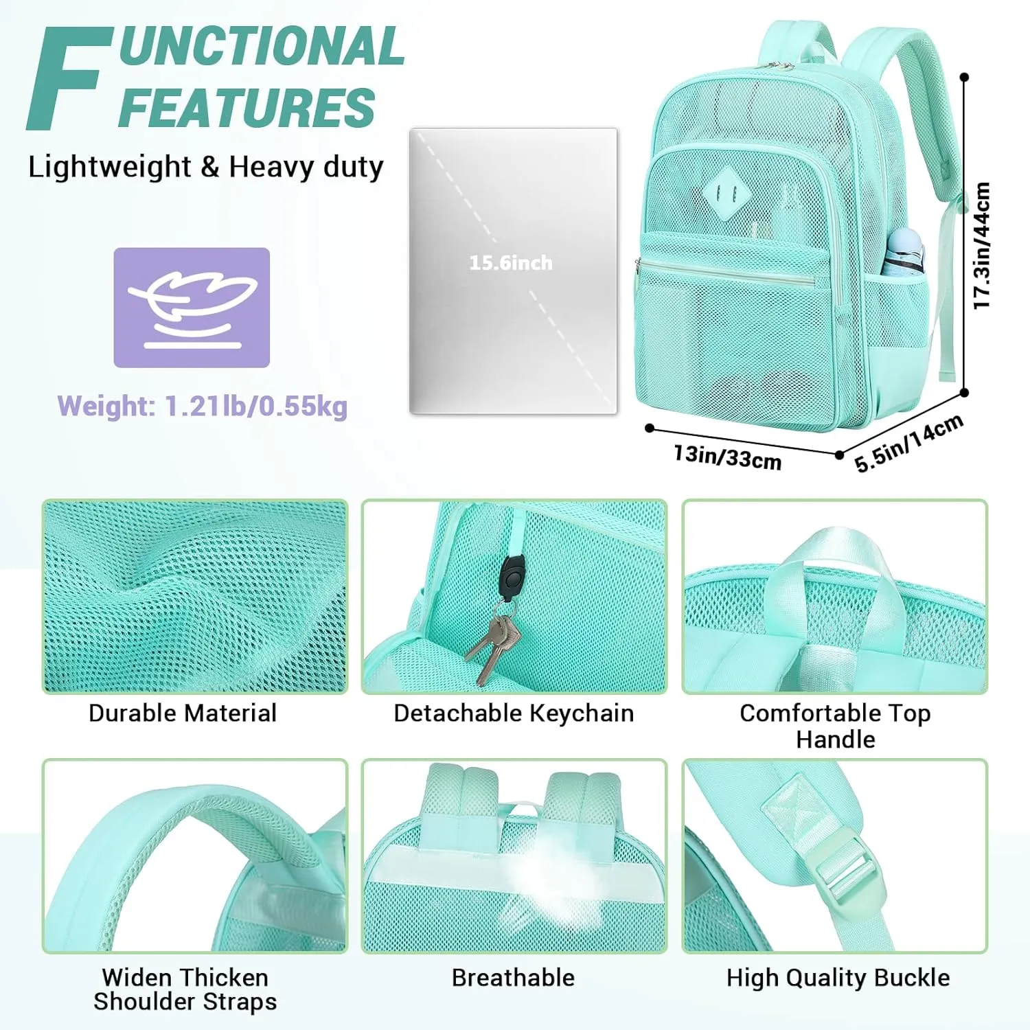 MOONBABY Mesh Backpack Heavy Duty See Through Backpack Transparent Bookbag for Swimming, Beach, Sports, Work, Travel (Green)