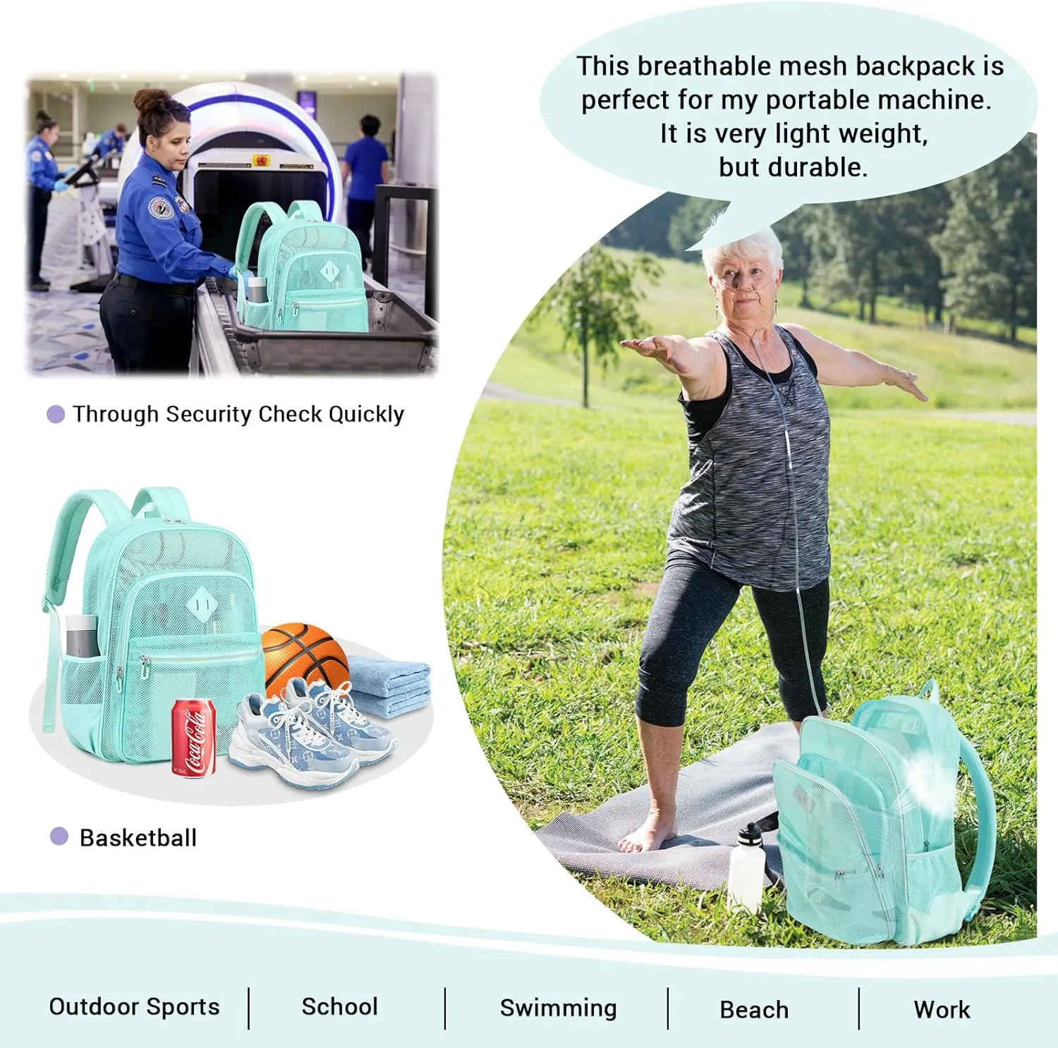 MOONBABY Mesh Backpack Heavy Duty See Through Backpack Transparent Bookbag for Swimming, Beach, Sports, Work, Travel (Green)