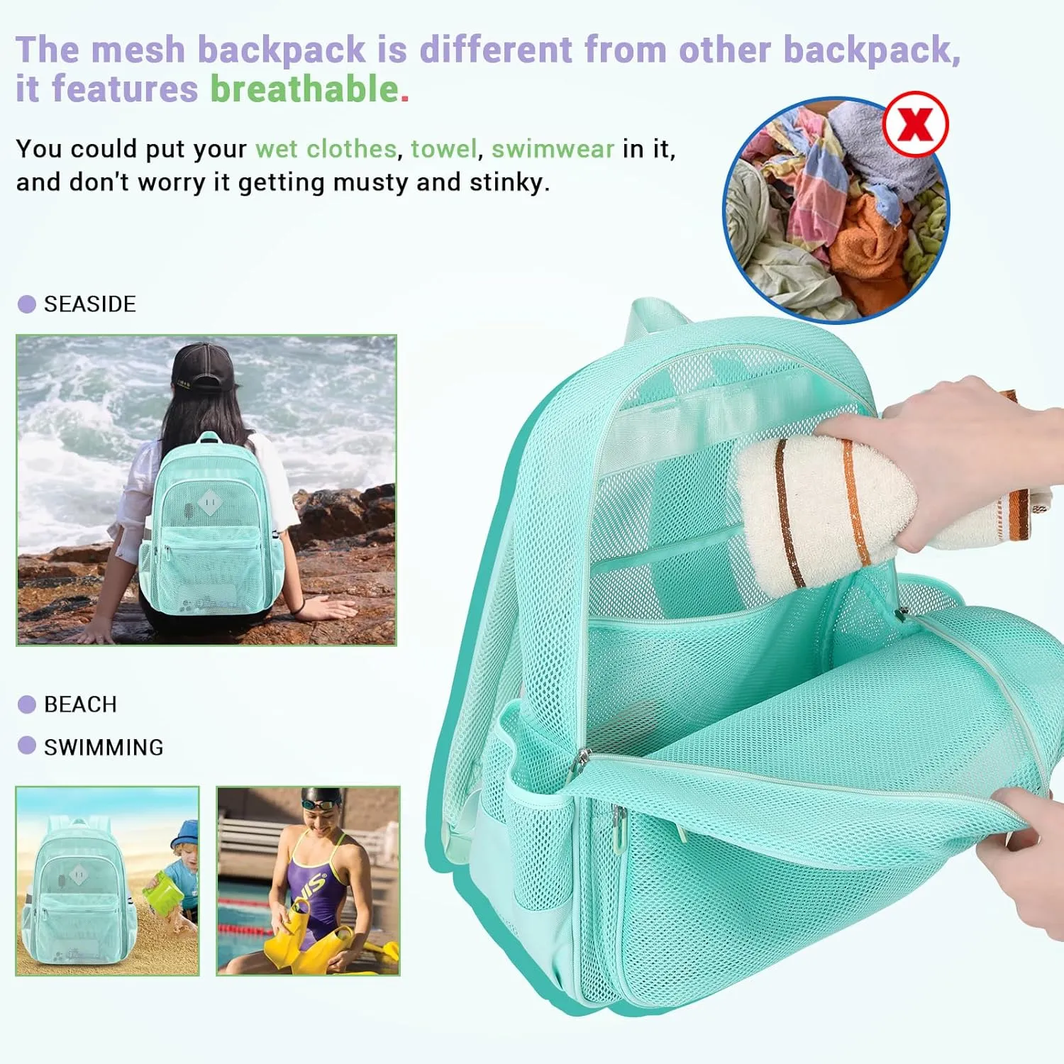 MOONBABY Mesh Backpack Heavy Duty See Through Backpack Transparent Bookbag for Swimming, Beach, Sports, Work, Travel (Green)