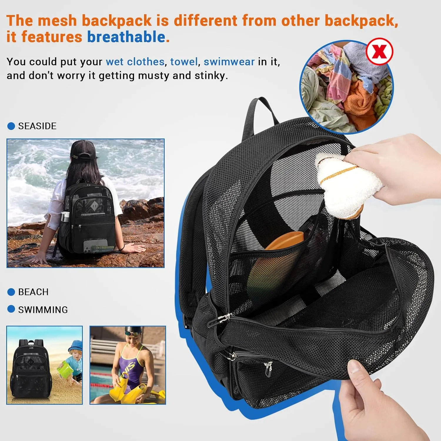 MOONBABY Mesh Backpack Heavy Duty See Through School Backpack Transparent Bookbag for Swimming, Beach, Sports, Work, Travel (Black)