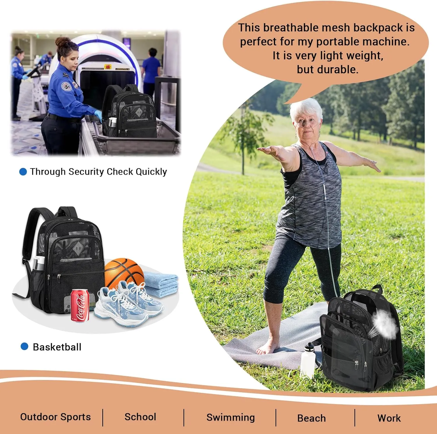 MOONBABY Mesh Backpack Heavy Duty See Through School Backpack Transparent Bookbag for Swimming, Beach, Sports, Work, Travel (Black)