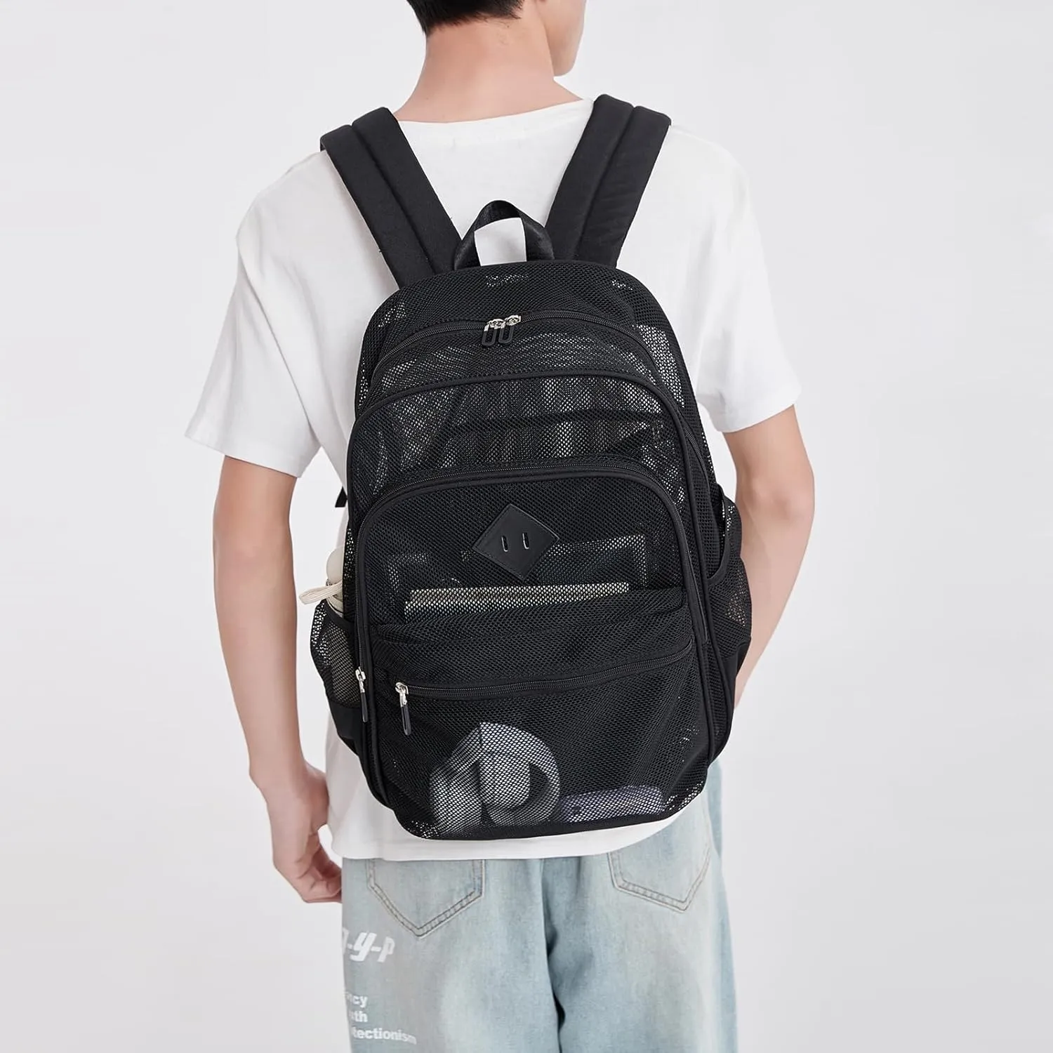 MOONBABY Mesh Backpack Heavy Duty See Through School Backpack Transparent Bookbag for Swimming, Beach, Sports, Work, Travel (Black)