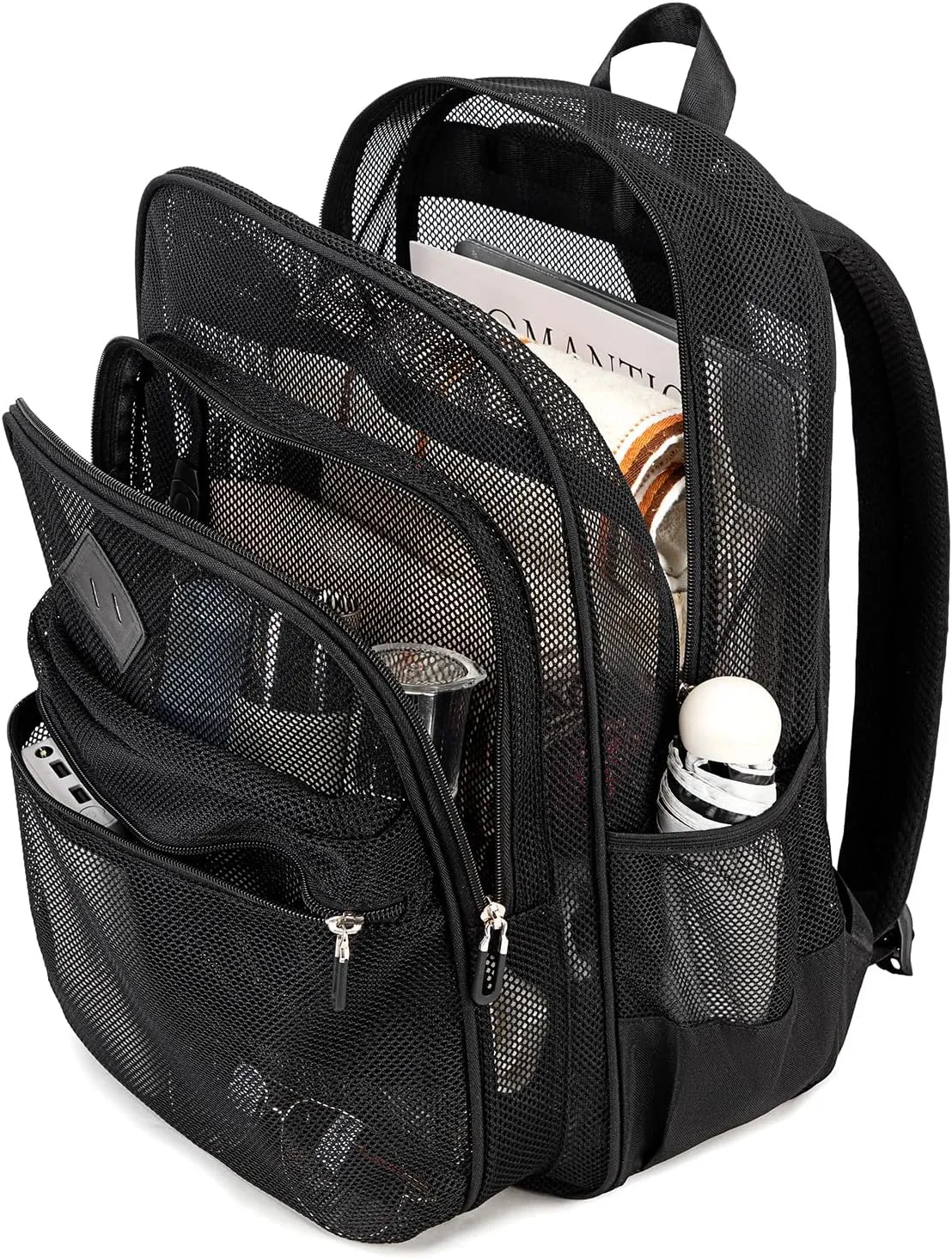 MOONBABY Mesh Backpack Heavy Duty See Through School Backpack Transparent Bookbag for Swimming, Beach, Sports, Work, Travel (Black)