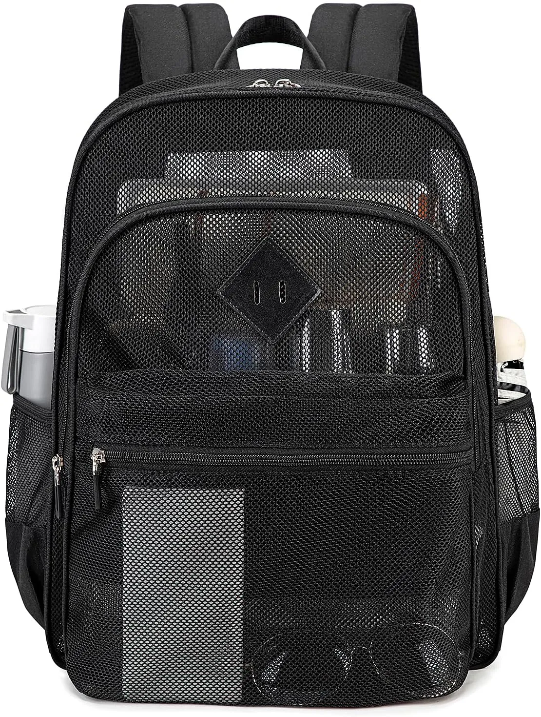 MOONBABY Mesh Backpack Heavy Duty See Through School Backpack Transparent Bookbag for Swimming, Beach, Sports, Work, Travel (Black)