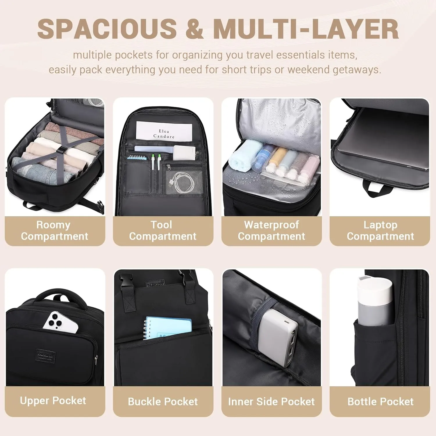 MOONBABY Travel Backpack for Women Men Carry On Flight Approved 3pcs Set Personal Item Travel Bag With Luggage Strap