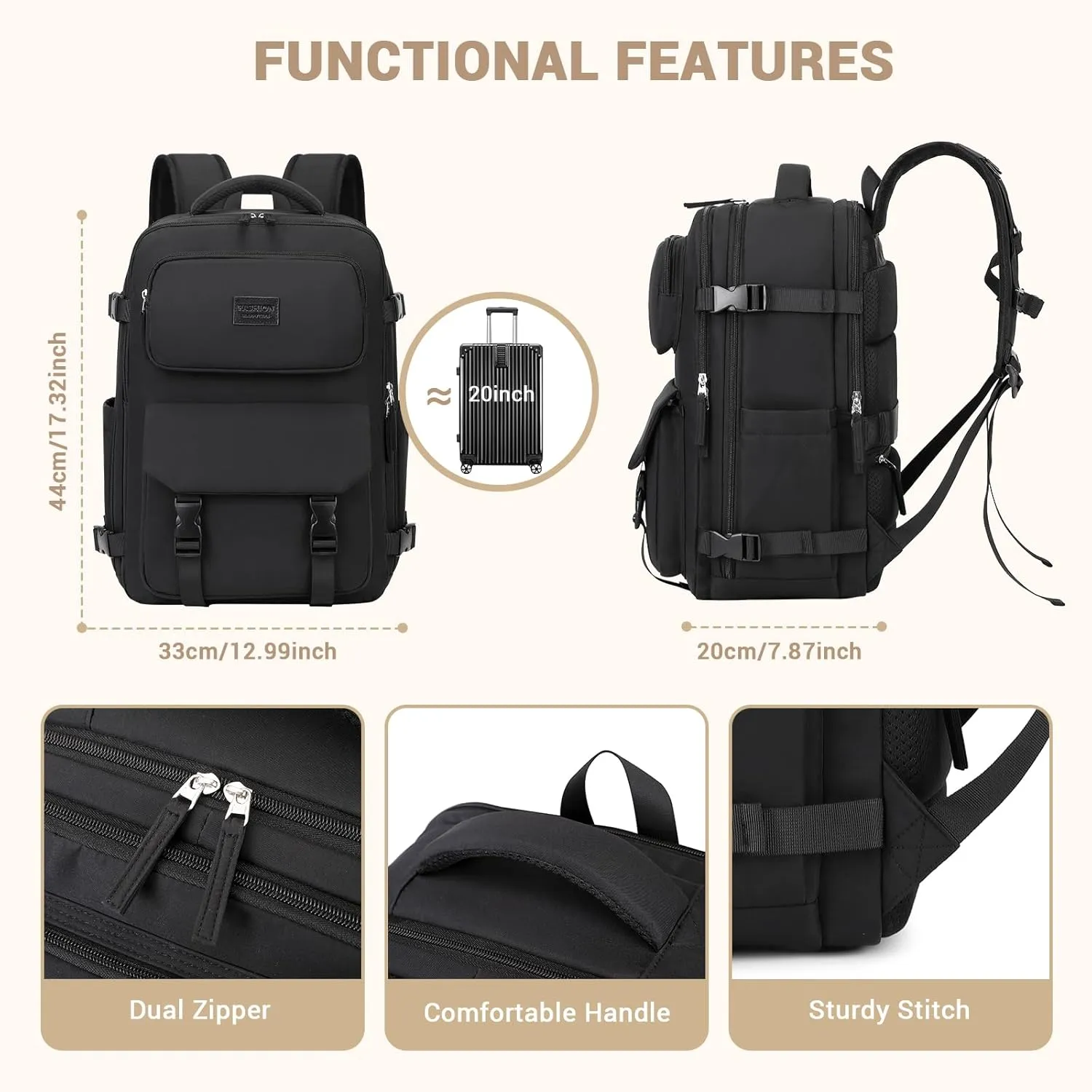 MOONBABY Travel Backpack for Women Men Carry On Flight Approved 3pcs Set Personal Item Travel Bag With Luggage Strap