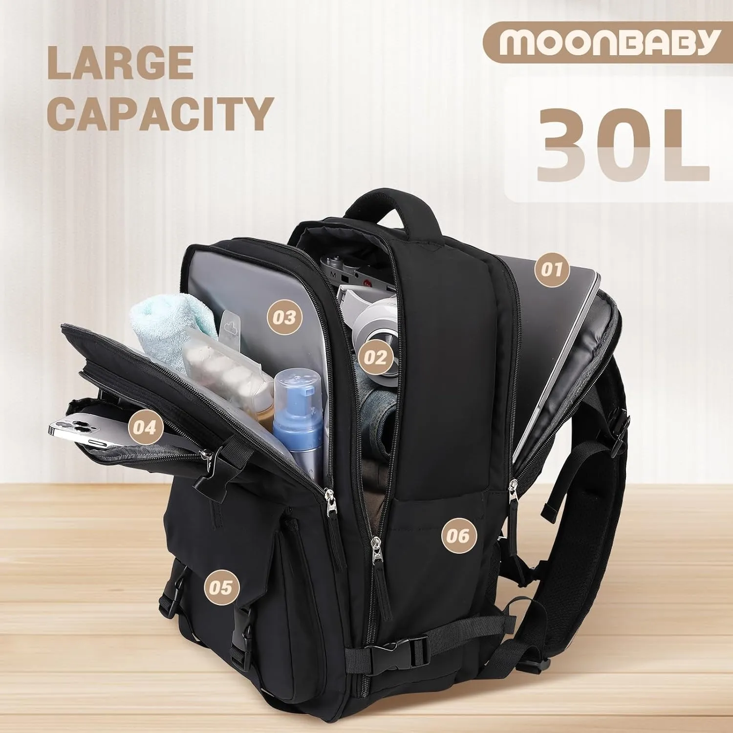 MOONBABY Travel Backpack for Women Men Carry On Flight Approved 3pcs Set Personal Item Travel Bag With Luggage Strap
