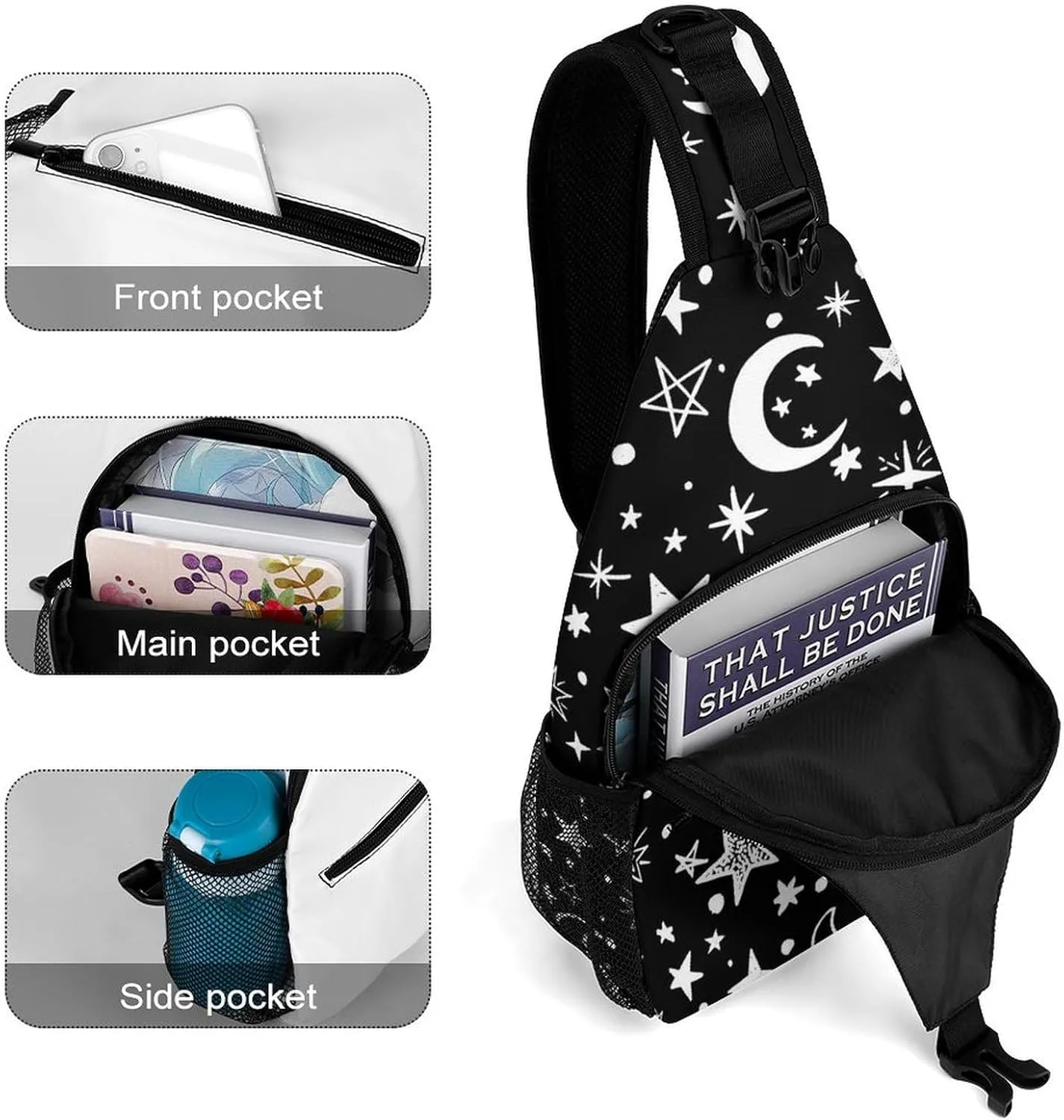 Moons-stars-black-white Crossbody Sling Bag for Women Men Travel Chest Bag, Cycling Shoulder Backpack