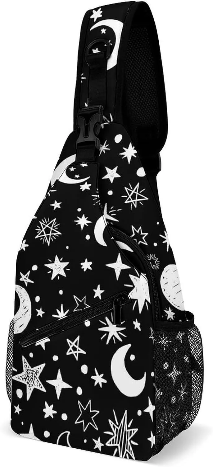 Moons-stars-black-white Crossbody Sling Bag for Women Men Travel Chest Bag, Cycling Shoulder Backpack