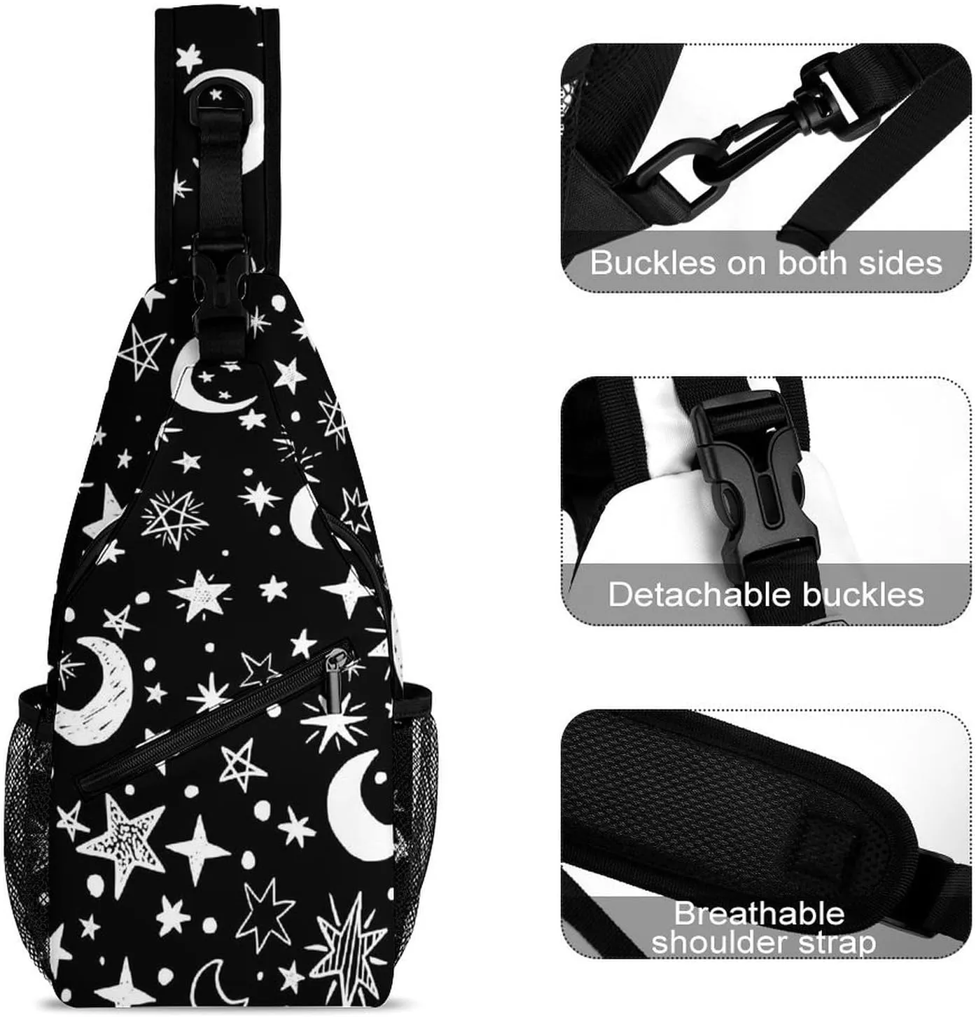 Moons-stars-black-white Crossbody Sling Bag for Women Men Travel Chest Bag, Cycling Shoulder Backpack