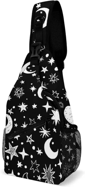 Moons-stars-black-white Crossbody Sling Bag for Women Men Travel Chest Bag, Cycling Shoulder Backpack