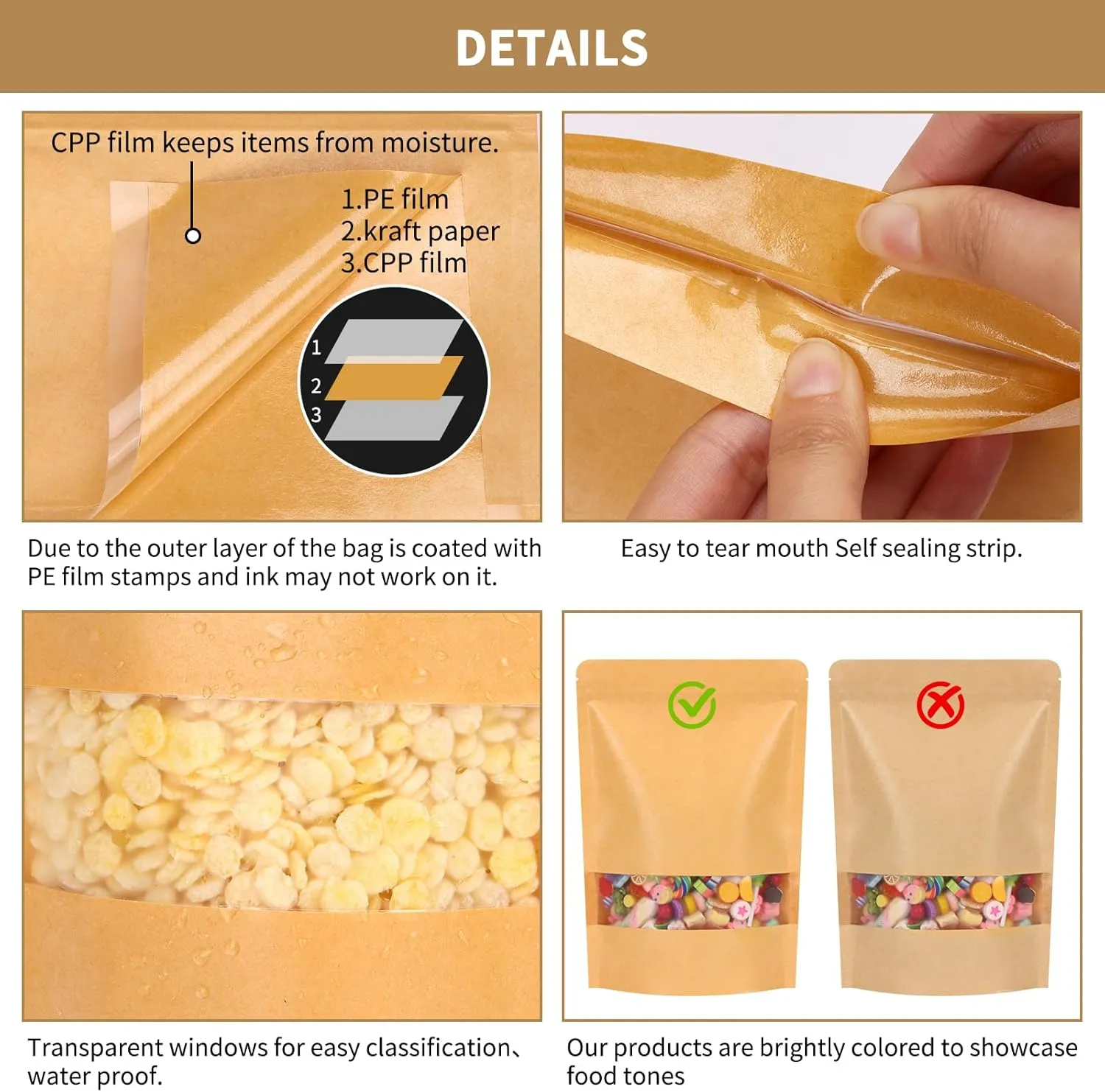 Moretoes 72pcs Stand Up Pouch Bags, 7x10 Inches Kraft Paper Ziplock Bags with Window,Resealable Pouches for Coffee, Applicable to Home or Business for Packaging