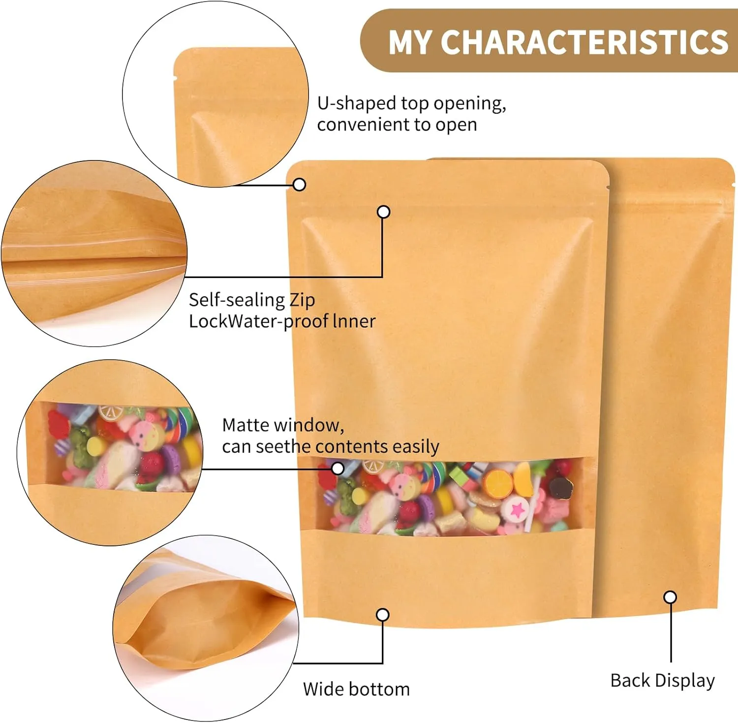 Moretoes 72pcs Stand Up Pouch Bags, 7x10 Inches Kraft Paper Ziplock Bags with Window,Resealable Pouches for Coffee, Applicable to Home or Business for Packaging