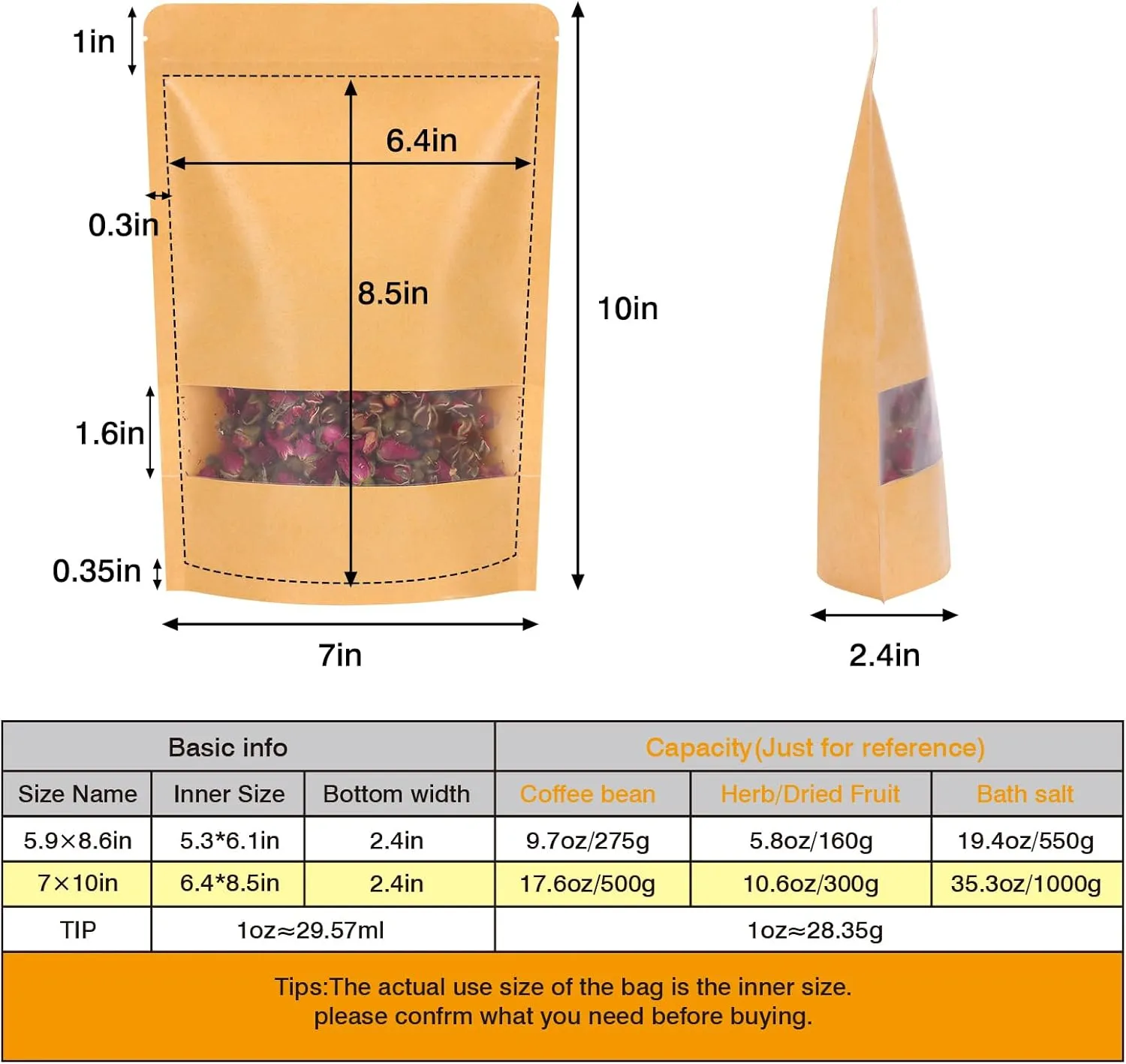 Moretoes 72pcs Stand Up Pouch Bags, 7x10 Inches Kraft Paper Ziplock Bags with Window,Resealable Pouches for Coffee, Applicable to Home or Business for Packaging