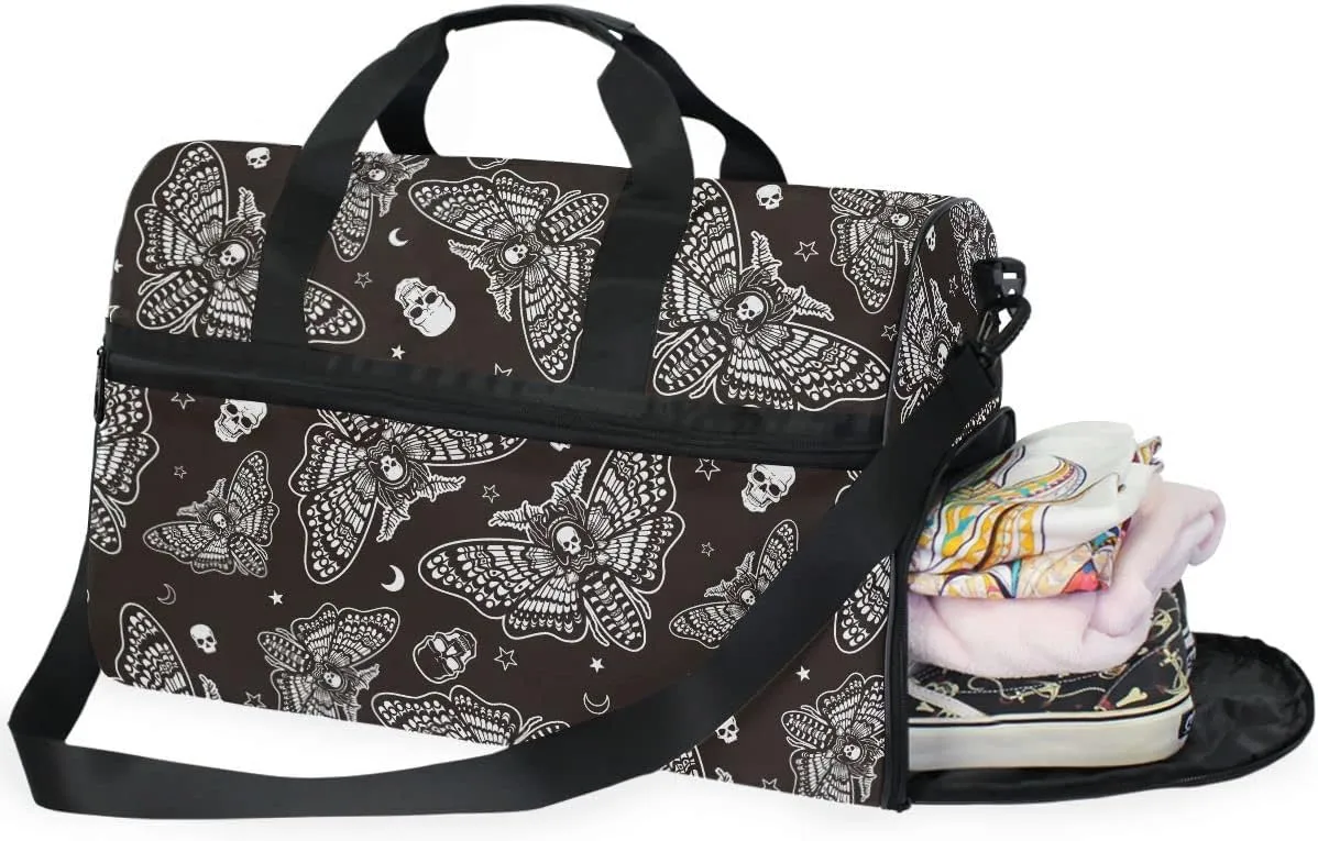 Moth Skull Moon Esoteric Sports Gym Bag Travel Luggage Overnight Bags for Men Women Duffel Bags with Adjustable Strap for Traveling