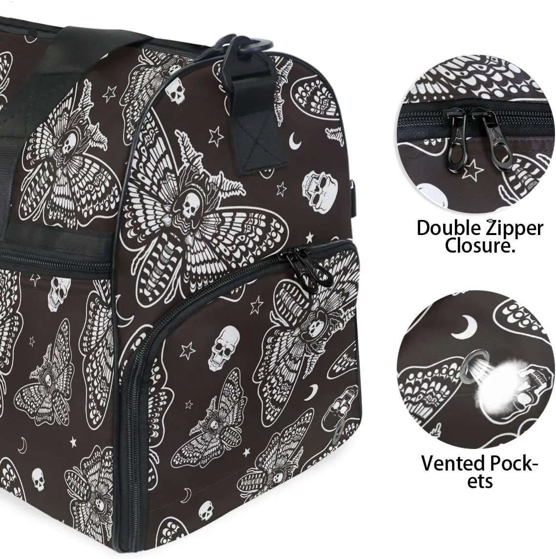 Moth Skull Moon Esoteric Sports Gym Bag Travel Luggage Overnight Bags for Men Women Duffel Bags with Adjustable Strap for Traveling