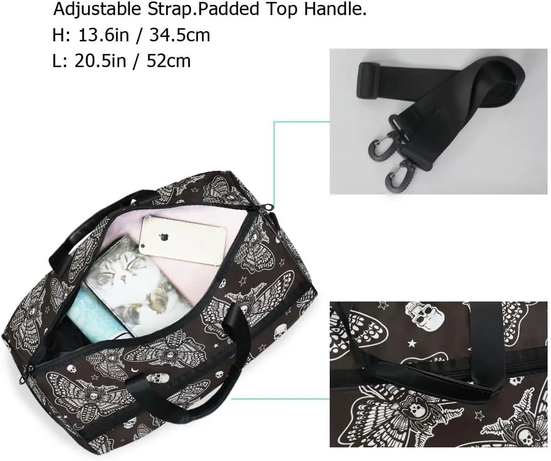 Moth Skull Moon Esoteric Sports Gym Bag Travel Luggage Overnight Bags for Men Women Duffel Bags with Adjustable Strap for Traveling