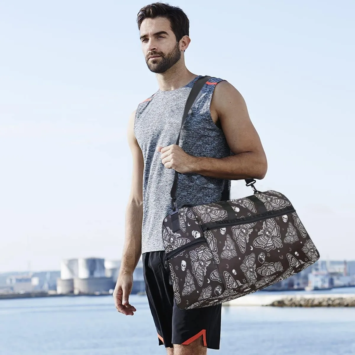 Moth Skull Moon Esoteric Sports Gym Bag Travel Luggage Overnight Bags for Men Women Duffel Bags with Adjustable Strap for Traveling