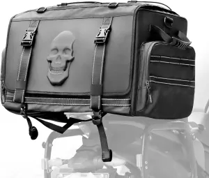 Motorcycle Luggage Bag, 60L Motorcycle Tail Bag Waterproof Motorbike Bag, 3D Skull Foldable Travel Bag with Rain Cover and Straps for All Weather Rear Rack Trunk - Black Motor Pannier Bag