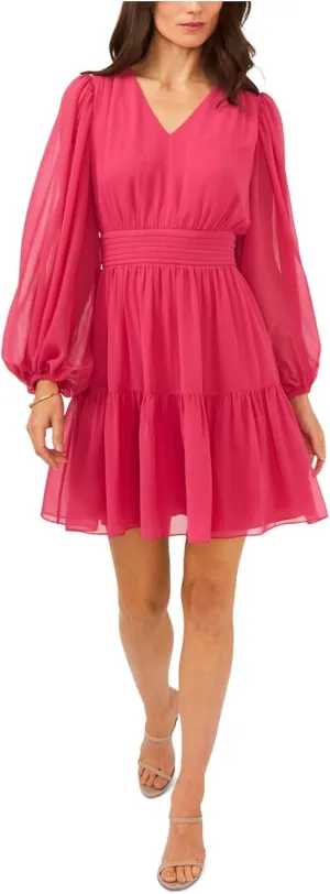 MSK Womens Petites Chiffon Smocked Fit & Flare Dress Pink L