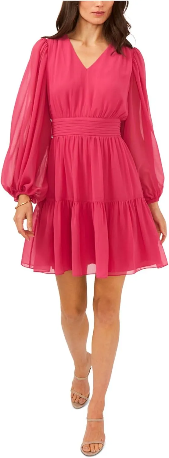 MSK Womens Petites Chiffon Smocked Fit & Flare Dress Pink L