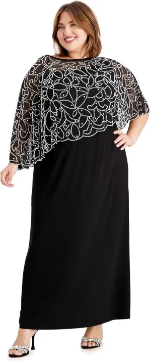MSK Womens Plus Knit Cape Sleeves Evening Dress Black 3X, Black/Silver