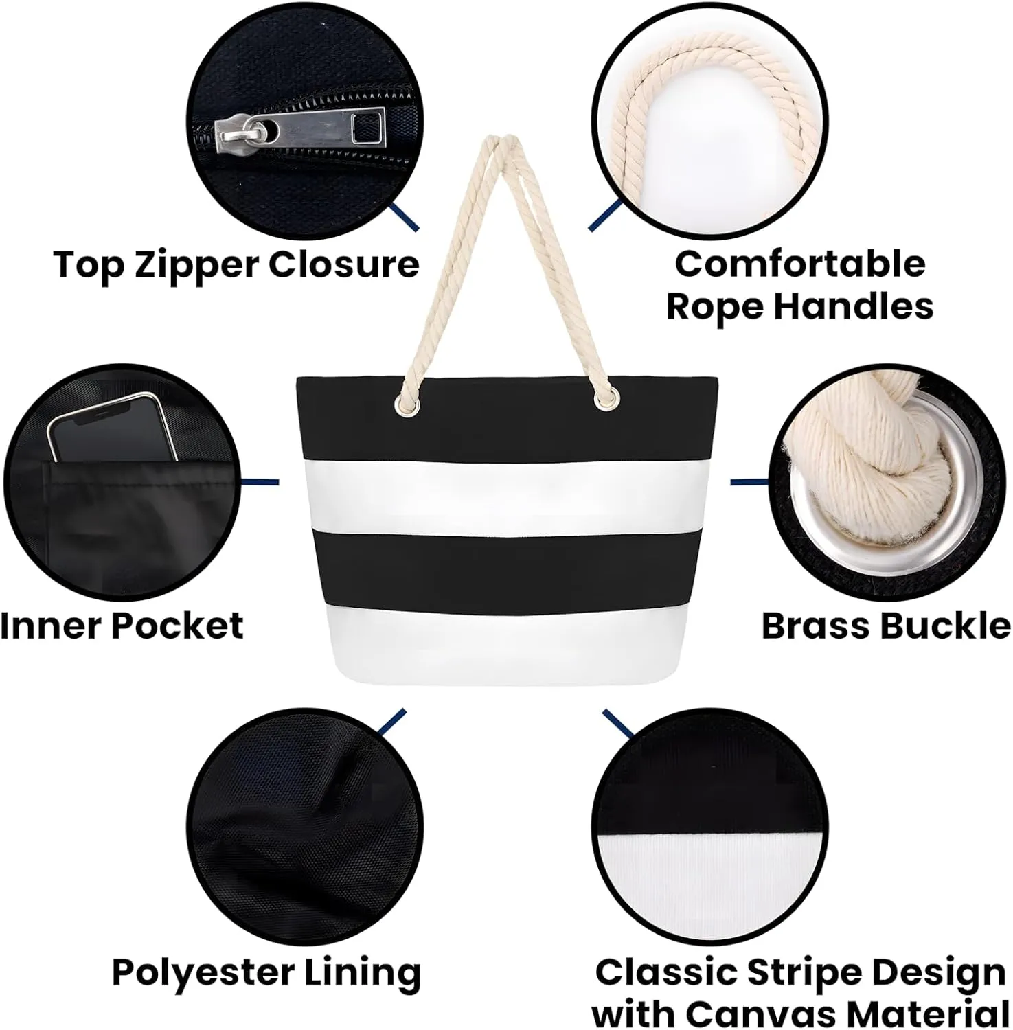 Muka Women Striped Canvas Tote Shoulder Beach Bag with Inner Zipper Pocket and Rope Handle for Travel, Shopping