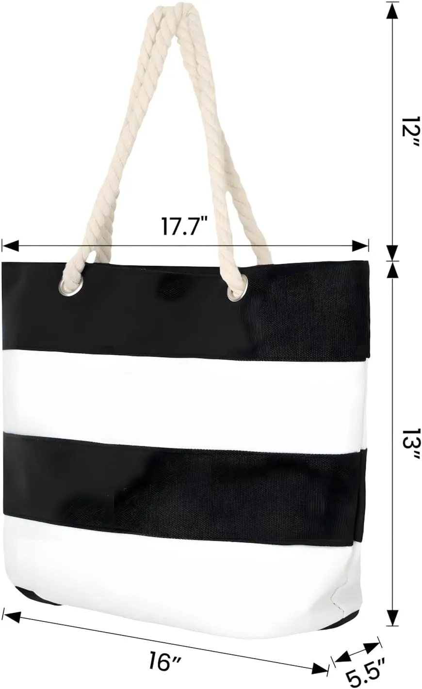 Muka Women Striped Canvas Tote Shoulder Beach Bag with Inner Zipper Pocket and Rope Handle for Travel, Shopping