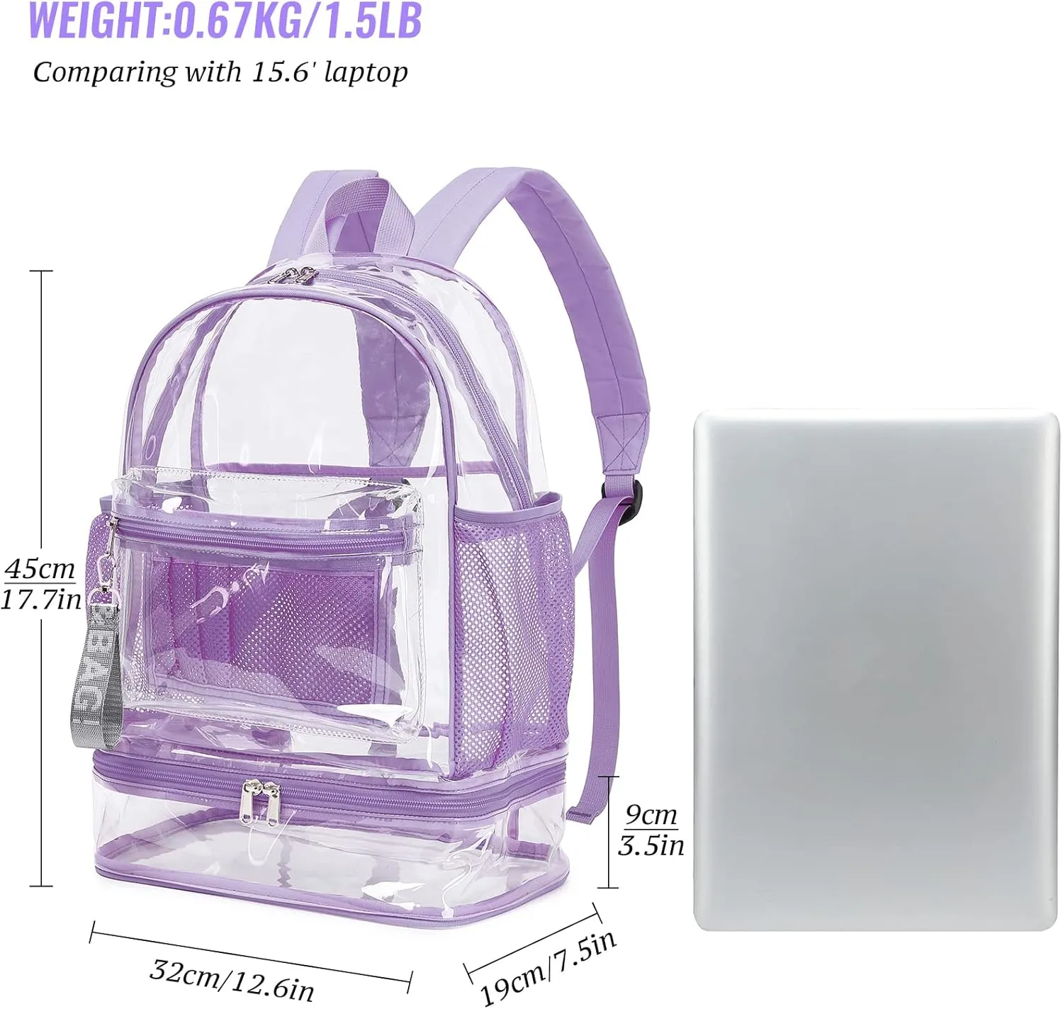 mygreen Clear Backpack with Bottom Compartment for Lunch Box or Shoes, 2-in-1 Design for School, Sports, Work, Stadium, Security, Travel, College Purple