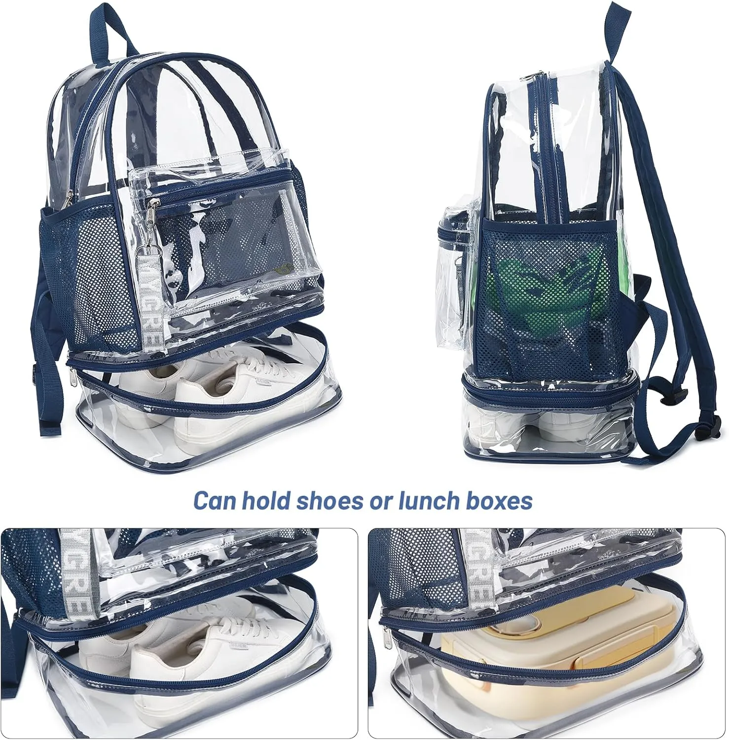 mygreen Clear Backpack with Bottom Compartment for Lunch Box or Shoes, 2-in-1 Design for School, Sports, Work, Stadium, Security, Travel, College Purple