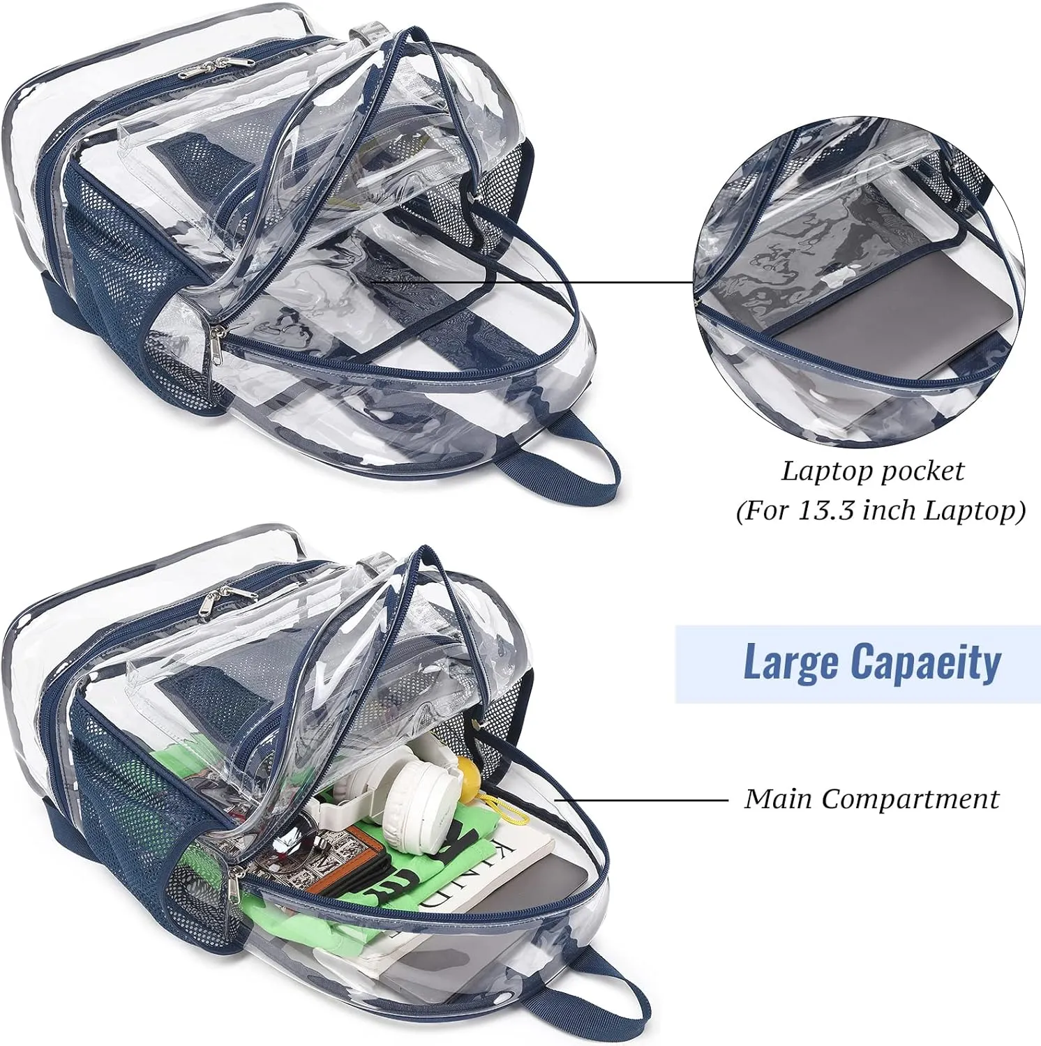 mygreen Clear Backpack with Bottom Compartment for Lunch Box or Shoes, 2-in-1 Design for School, Sports, Work, Stadium, Security, Travel, College Purple